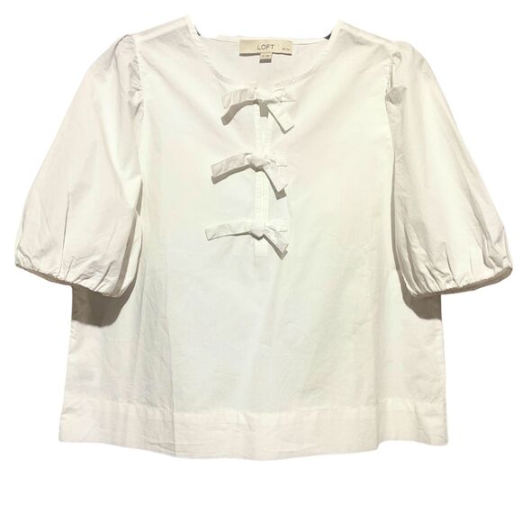 LOFT Tops - NWT Loft Cotton Poplin Tie Front Top Puff Sleeve Blouse Small